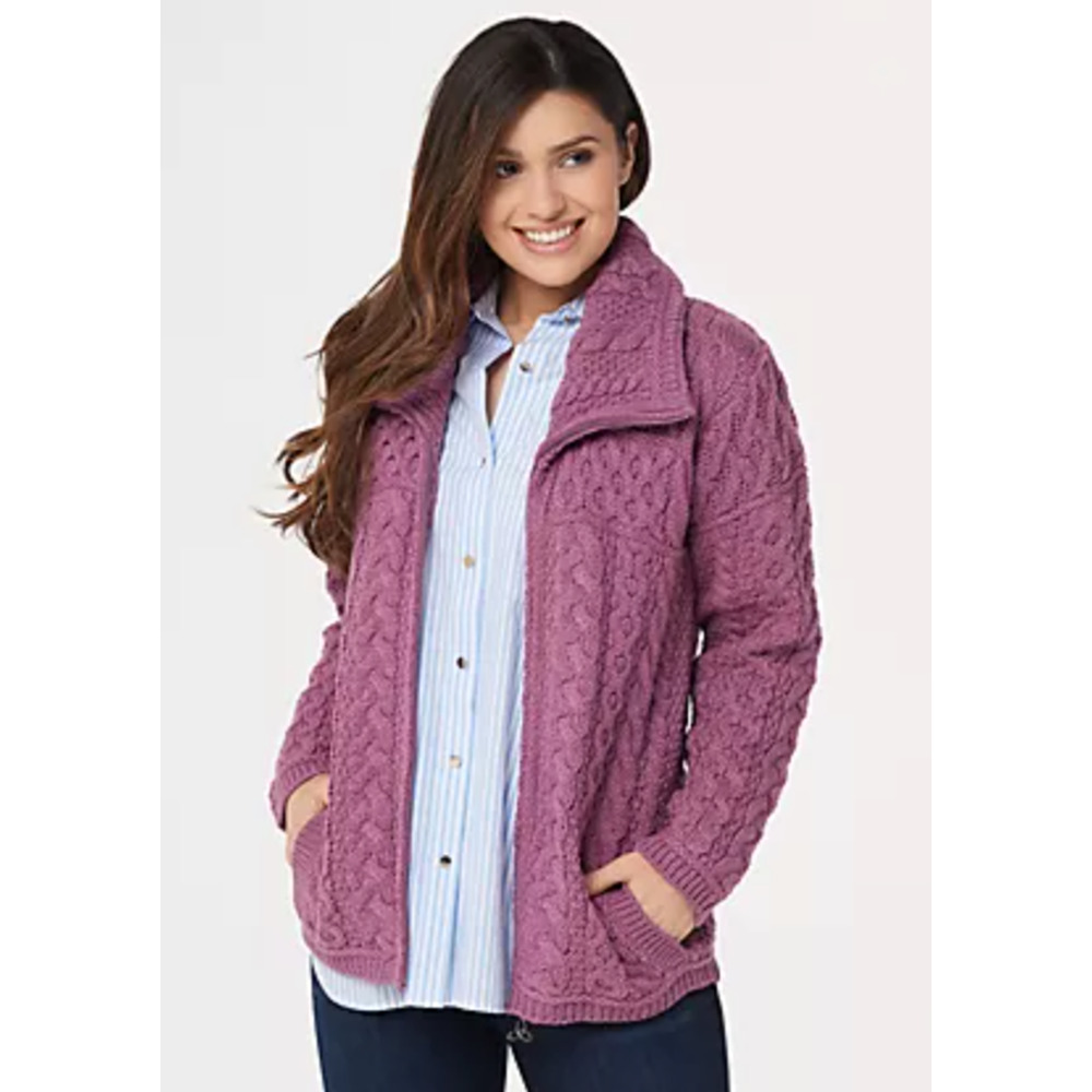 NEW ARAN CRAFTS PLUM MERINO WOOL ZIP FRONT CABLE KNIT CARDIGAN SWEATER COAT XXL - Picture 9 of 16
